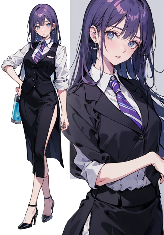 ((Perfect Face)),Purple Hair,Long hair with volume,1 female,bartender,suit,Black vest,Shirt with rolled up sleeves,tie,Slit Skirt,High heels,,((Simple Background)),smile,((whole body)),((whole body)),Portraiture,virtual,upright,,both arms are down,Standing upright with face and body facing forward,