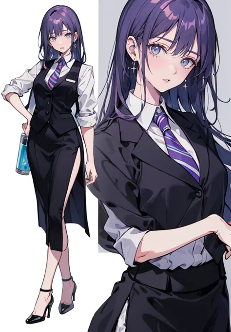 ((Perfect Face)),Purple Hair,Long hair with volume,1 female,bartender,suit,Black vest,Shirt with rolled up sleeves,tie,Slit Skir...