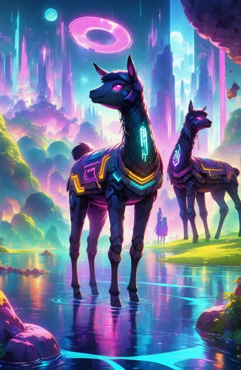 (Astronomy night sky, exotic landscape, extraordinary and detachment, science fiction, llama-shaped robot with advanced technology), (Best quality, 4K, high resolution), (Futuristic lighting, neon colors), cyberpunk-inspired brightness gradients, highly de...