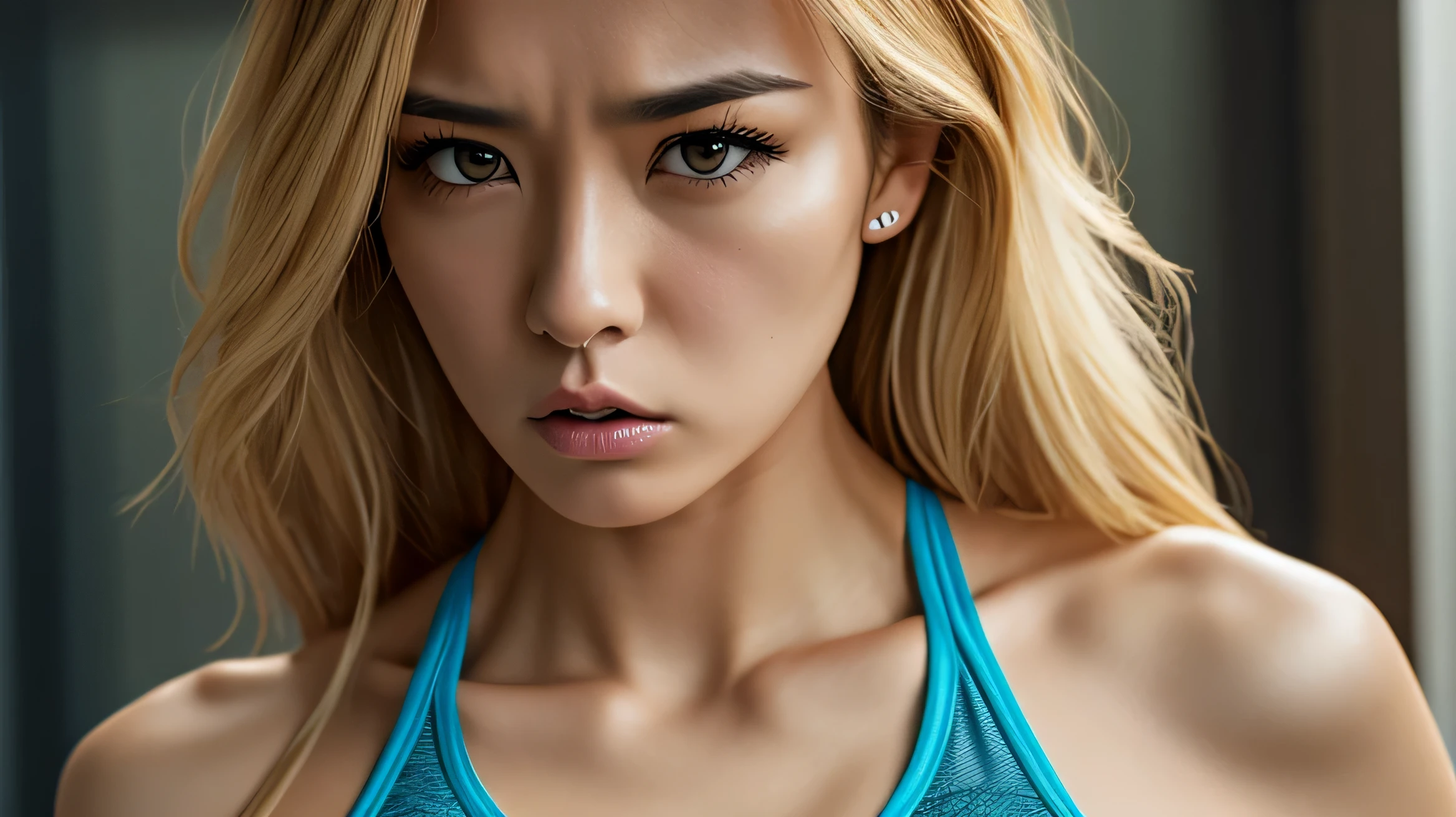 Blonde Hair、Beauty、Sports Bra、Depicted above the waist、Detailed facial expression depiction、Angry face、