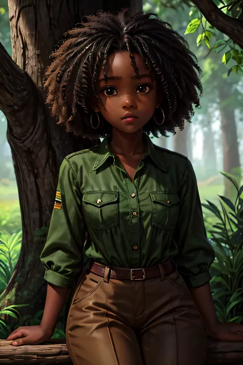 augusta njinga", an 11 year old girl, dark skin, afro, black hair, dark eyes, green blouse, brown pants, brown adventure boots, ...