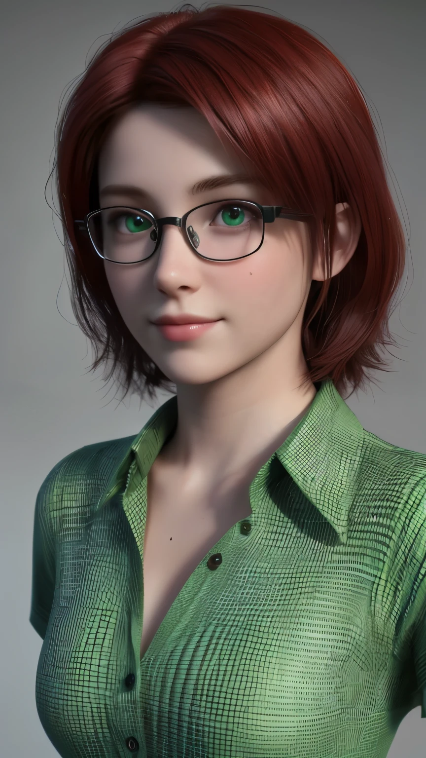 short, Red hair, green eyes, metal frame glasses, smile of a cute 15 year old girl in a green button up shirt dress, bare chest.. ((elegance. photorealism. Unreal engine. 3d model. Ultra high quality textures. High detail. 8k resolution))