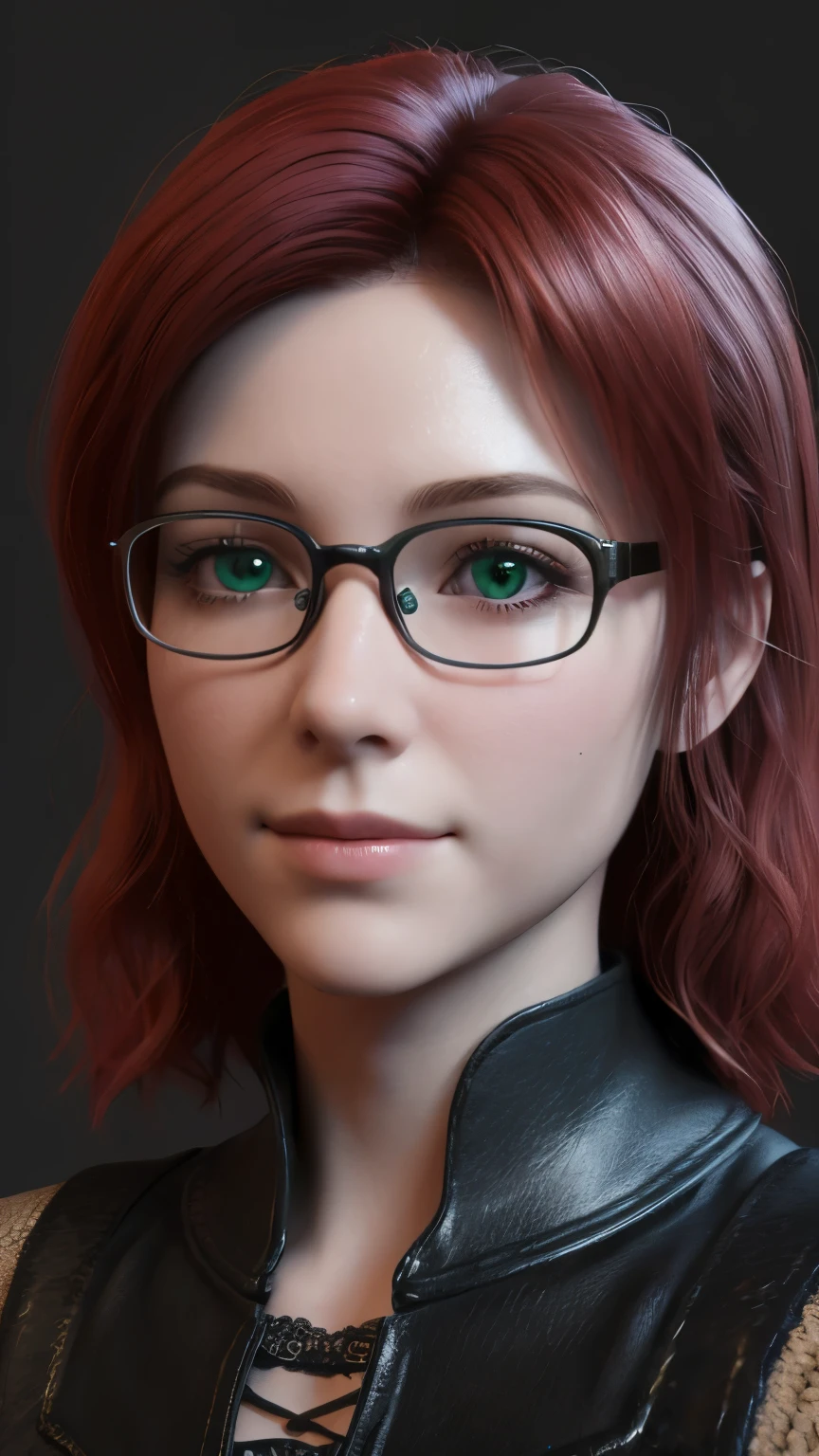 short, Red hair, green eyes, metal frame glasses, sweet smile 15 years old. ((elegance. photorealism. Unreal engine. 3d model. Ultra high quality textures. High detail. 8k resolution))resolution 8K