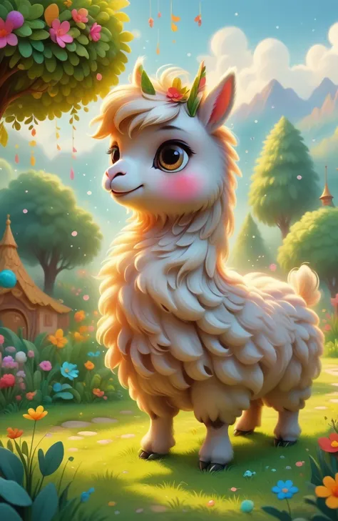 a girl with a playful smile, a cute and fluffy alpaca in a beautiful garden, soft sunlight streaming through the trees, vibrant flowers blooming in full color, lush green grass stretching endlessly, a gentle breeze rustling the leaves, the alpaca's warm an...