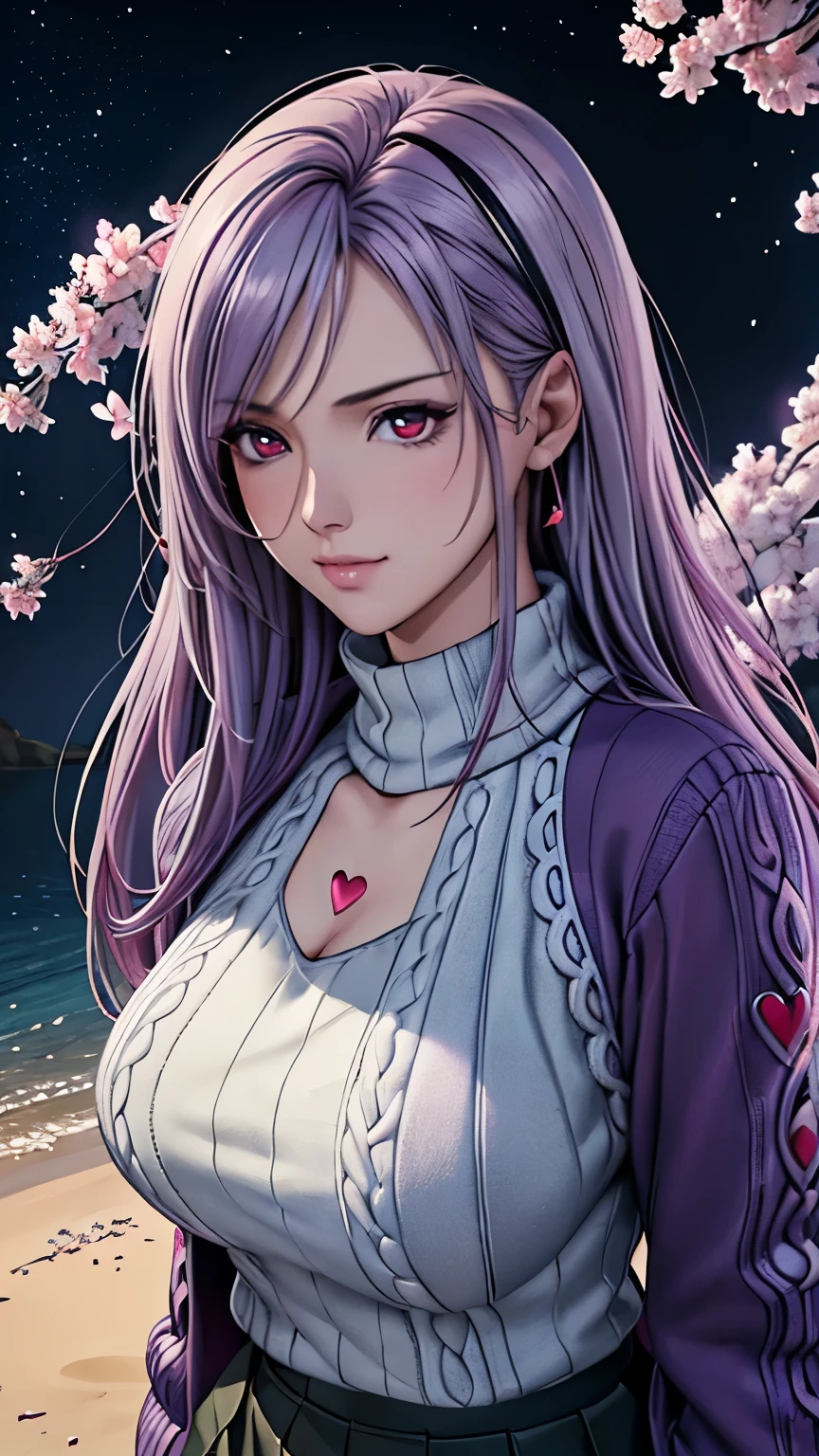 red eyes, (highest quality, masterpiece painting:1.3), immature woman, 16 years old, (half body shot), masterpiece, ultra high resolution, (Photoreal:1.0), light purple hair,straight hair, beautiful shining hair, white and shining skin, ((Ultra realistic details)), octane rendering, highly detailed face, (big breasts:0.8), (make a heart with hands), (Attractive delicate design river trimmed lace dress,  (((Knitted sweater:1.5, Jumper skirt:1.2, Down jacket))), White cherry blossom embroidery pattern, silver earrings,（milky way galaxy), Hair flutters under the influence of the wind, Japanese garden with beautiful cherry blossoms at night, Mysterious night sky, Beautiful Landscapes, sharp focus, intricate details, professional artwork, (bright colors:1.1), bright colors, diffused lighting, digital blending, ultra-definition body, ultra detail hair, super detailed face, that&#39;It&#39;s trending on pixiv, top button open, Cute gaze, compensate, perfect lips, perfect compensate, Ultra-precision coating, (light_smile:0.8), (Very embarrassed:1.2), blush your nose,