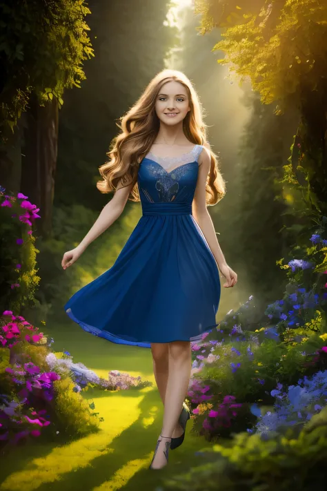 An image of 3 fairies with unique features living in an enchanted forest. The first fairy has long, golden hair, blue dress and ...