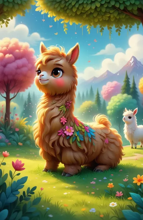 a girl with a playful smile, a cute and fluffy alpaca in a beautiful garden, soft sunlight streaming through the trees, vibrant flowers blooming in full color, lush green grass stretching endlessly, a gentle breeze rustling the leaves, the alpaca's warm an...