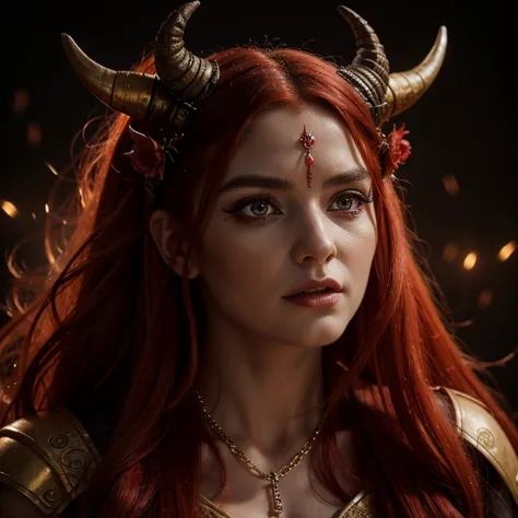 1 demon woman with horns, fiery red long hair, ultra detailed face and eyes, hyperrealistic, realistic representation, 30 years ...