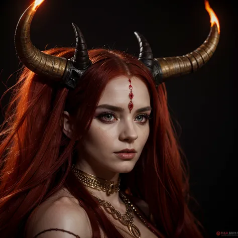 1 demon woman with horns, fiery red long hair, ultra detailed face and eyes, hyperrealistic, realistic representation, 30 years ...