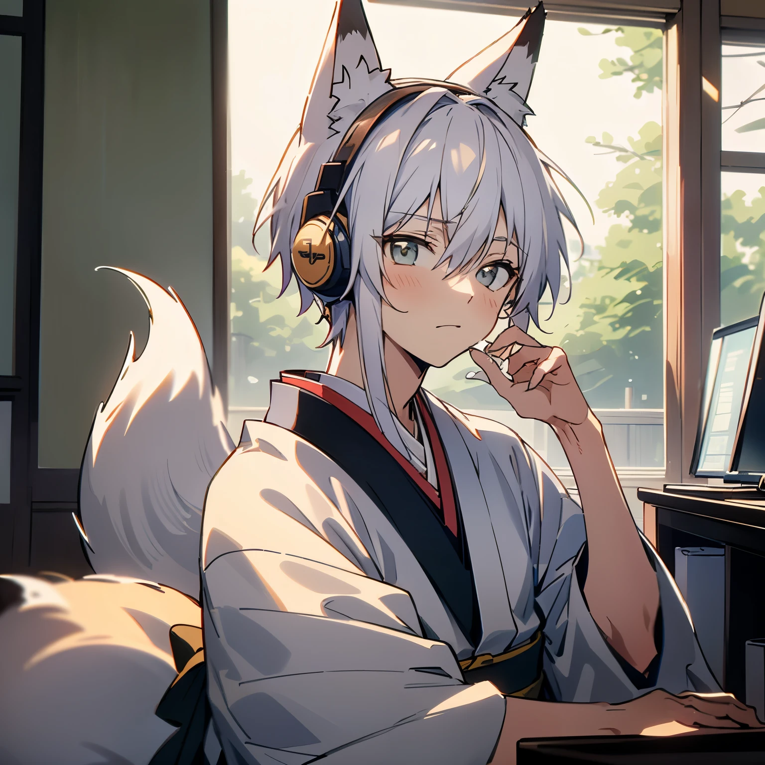 ((best quality)), ((masterpiece)), (detailed), perfect face male、((best quality)), ((masterpiece)), (detailed), perfect face ((highest quality)), ((masterpiece)), (be familiar with),、morning、A boy studying in his room while listening to the radio with headphones、kimono、Silver Hair、Fox&#39;s Tail、Fox Ears、Warm lighting、Cherry blossoms are blooming outside the room、opening the computer、Japanese anime style,
