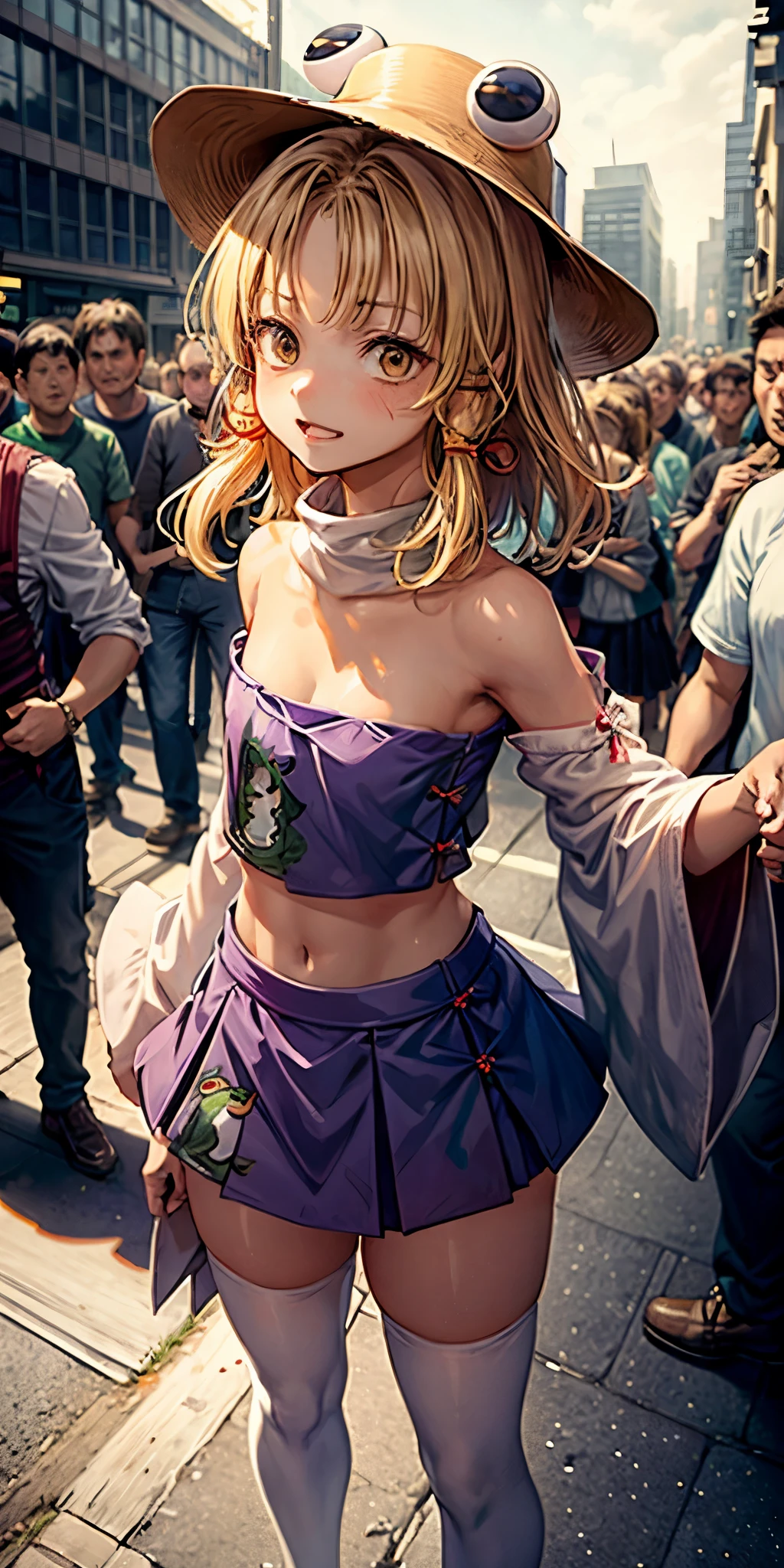 masterpiece, best quality, 1girl, full body, smug, moriya suwako, frog print, tube top, cleavage, underboob, purple tube top, strapless, navel, midriff, small breasts, yellow eyes, horizontal pupil, outdoors, city, street, crowded, behind crowd, faceless crowd, male crowd, 9 years old, , miniskirt, bare shoulders, armpits, detached sleeves, white thighhighs, wooden sandal, cowboy shot, armpits,