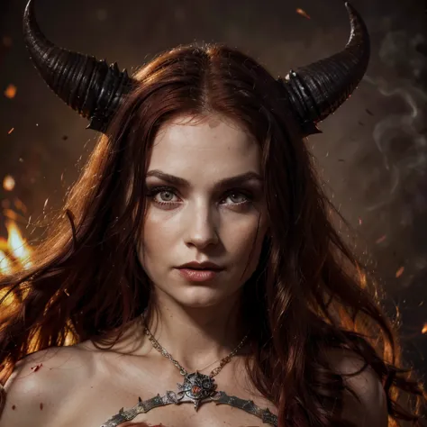 1 Demon woman with horns, fiery red long hair, ultra detailed face and eyes, hyperrealistic, realistic representation, 30 years ...