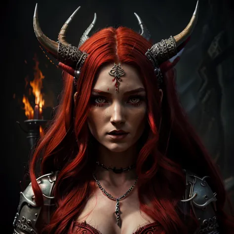 1 demon woman with horns, fiery red long hair, ultra detailed face and eyes, hyperrealistic, realistic representation, 30 years ...