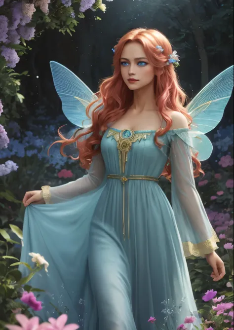 An image of 3 fairies with unique features living in an enchanted forest. The first fairy has long, golden hair, blue dress and ...