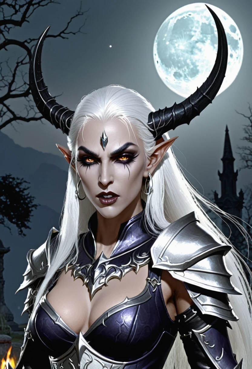 Everquest dark elf ,white eyebrows, eyelashes, angry mouth expression,smooth skin, dark skin color, long luscious platinum white hair, long detailed white goatee, detailed evil dark paladin armor, fantasy two handed blade, in a graveyard with tumbstone at night natural moon light