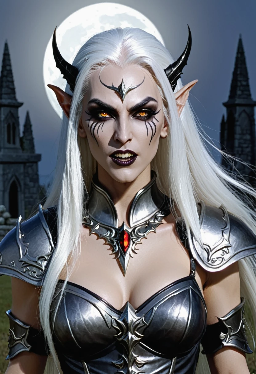 Everquest dark elf ,white eyebrows, eyelashes, angry mouth expression,smooth skin, dark skin color, long luscious platinum white hair, long detailed white goatee, detailed evil dark paladin armor, fantasy two handed blade, in a graveyard with tumbstone at night natural moon light