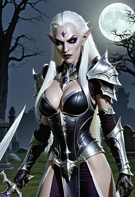 Everquest dark elf ,white eyebrows, eyelashes, angry mouth expression,smooth skin, dark skin color, long luscious platinum white...