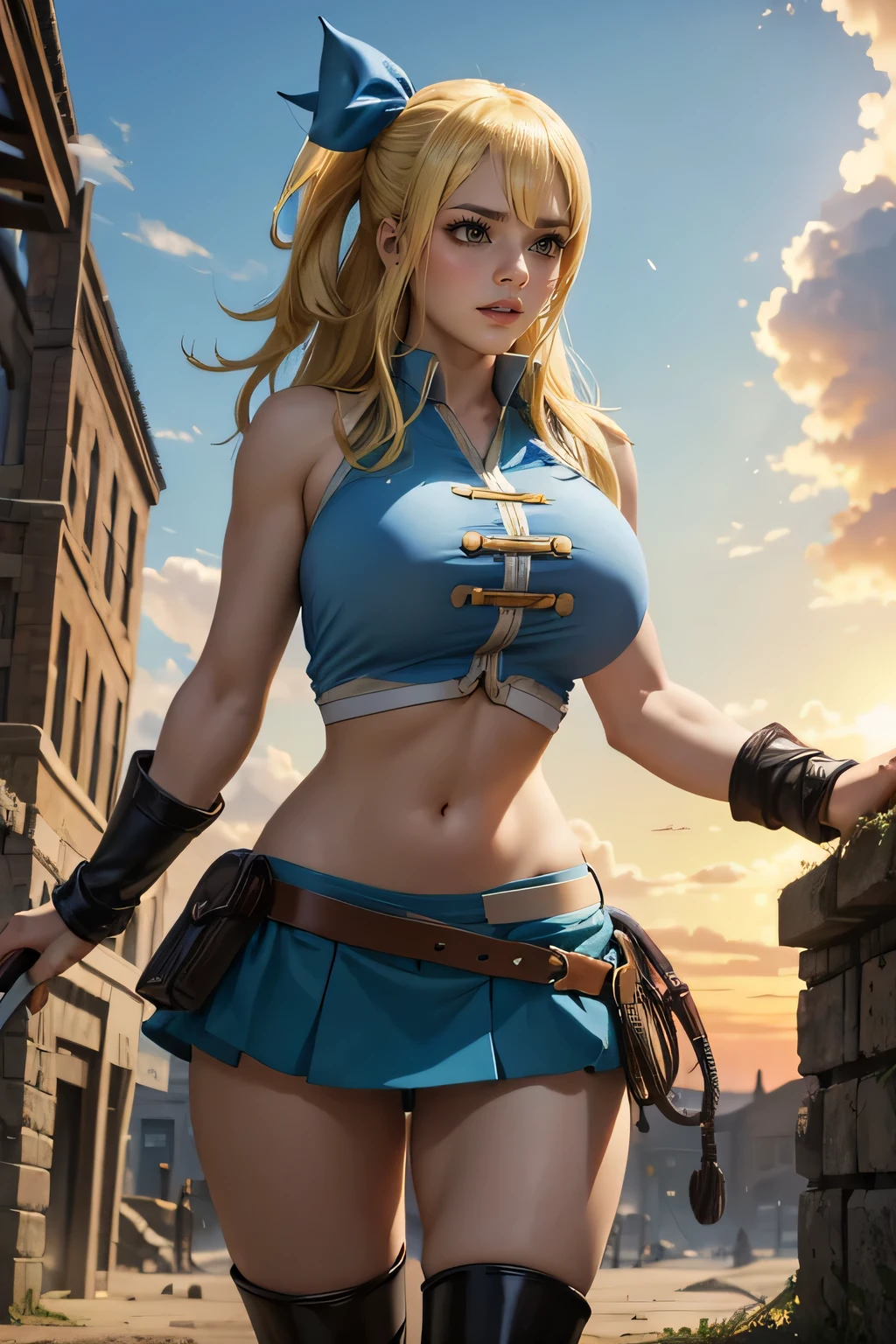 (Best quality,4k,8K,a high resolution,masterpiece:1.2),Hisui E. Fiore - Fairy Tail, detailed,sexual),((cute expression)),blue ribbon,(blonde),(Grey eyes),(blue shirt with gold buttons),white mini skirt,whip on the belt,Wellingtons,market,(baguette in hand),(standing)full length, ((big tits:1.2)),market square,,Billowing dust and smoke,determination in her eyes,beliefs(Best quality,4k,8K,a high resolution,masterpiece:1.2),realistic,ultra detailed,sexual,Irene Belserion (Fairy Tail)dark green eyes,cruel expression,costs,severed heads of enemies on the ground,dynamic pose, bread in hands,power and authority,fatal blows and parries,strong female protagonist,Billowing dust and smoke,determination in her eyes,confident and fearless,scenic sunset lighting,Bright colors,muscular build,slim and fit figure,epic fantasy work, sexual and fearless,scenic sunset lighting,Bright colors,muscular build,slim and fit figure,epic fantasy work, sexual