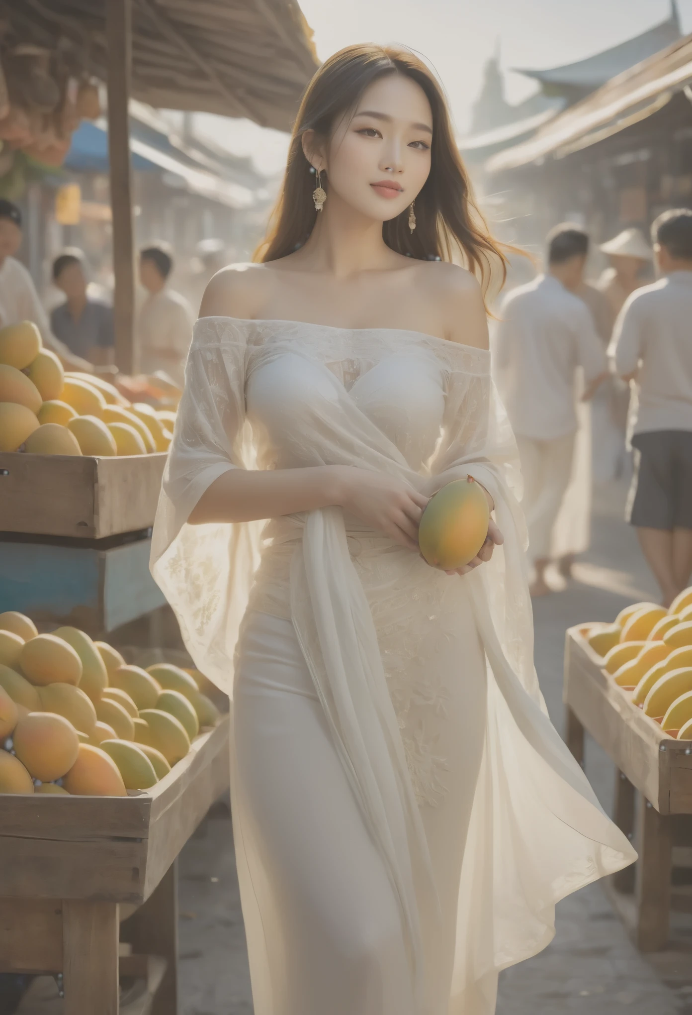 Uma charmosa e elegante mulher tailandesa, vestida com uma blusa transparente e esvoaçante de ombro caído e um xale branco translúcido, navegando alegremente por uma variedade de mangas suculentas em um animado mercado de pulgas. A representação detalhada captura a essência desta cena, tornando-o um banquete para os olhos.