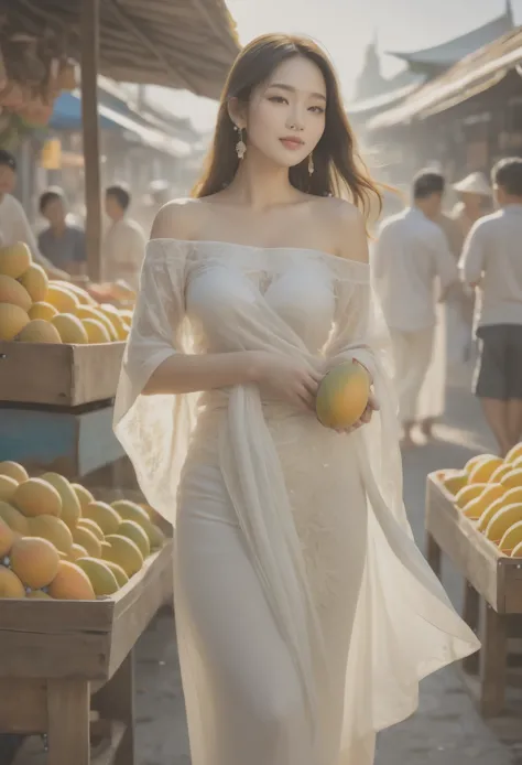 a charming and elegant thai woman, dressed in a see through flowy off-shoulder top and a sheer white shawl, joyfully browsing th...