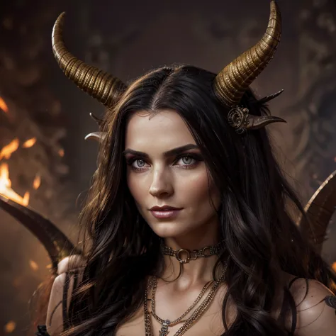 1 Demon woman with horns,  long hair, ultra detailed face and eyes, hyperrealistic, realistic representation, 30 years old, danc...