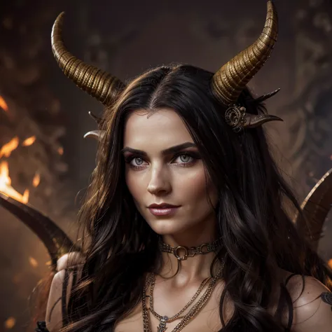 1 demon woman with horns,  long hair, ultra detailed face and eyes, hyperrealistic, realistic representation, 30 years old, danc...