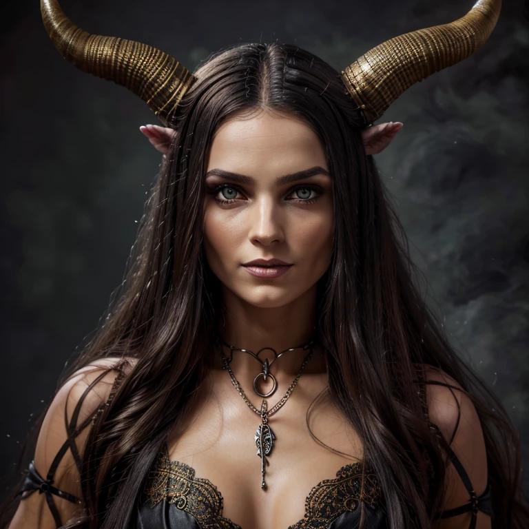 1 Demon woman with horns,  long hair, ultra detailed face and eyes, hyperrealistic, realistic representation, 30 years old, dancing in hell, pretty face, her clothing is a long chain dress, full body view, full body view 