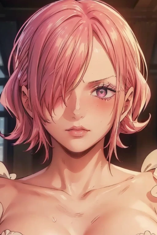 (((masterpiece))), (((best quality))), ((ultra-detailed)), (highly detailed CG illustration), vinsmoke reiju, (nsfw:1.4), (masterpiece:1.5), Detailed Photo, Sexy, (Best Quality: 1.4), (1girl), Beautiful Face, (Pink Hair, short Hair: 1.3), Beautiful Hairstyle, beautiful detail eyes, (realistic skin), beautiful skin, absurd, attractive, ultra high resolution, high definition, (sexually aroused:1.5), Pinkish white skin, cool white light, sexy pose, Beautiful , white background, pink soft white light, Wear a white dress, (Hair covering right eye: 1.5), wife, incoming face, kissing camera