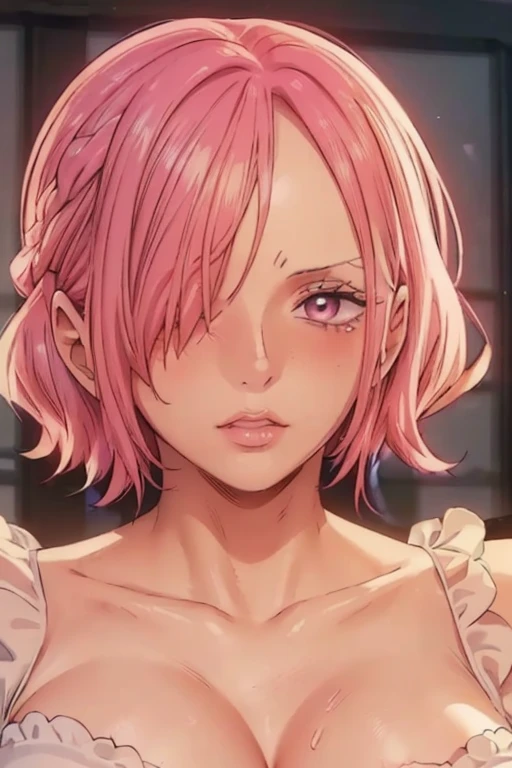 (((masterpiece))), (((best quality))), ((ultra-detailed)), (highly detailed CG illustration), vinsmoke reiju, (nsfw:1.4), (masterpiece:1.5), Detailed Photo, Sexy, (Best Quality: 1.4), (1girl), Beautiful Face, (Pink Hair, short Hair: 1.3), Beautiful Hairstyle, beautiful detail eyes, (realistic skin), beautiful skin, absurd, attractive, ultra high resolution, high definition, (sexually aroused:1.5), Pinkish white skin, cool white light, sexy pose, Beautiful , white background, pink soft white light, Wear a white dress, (Hair covering right eye: 1.5), wife,