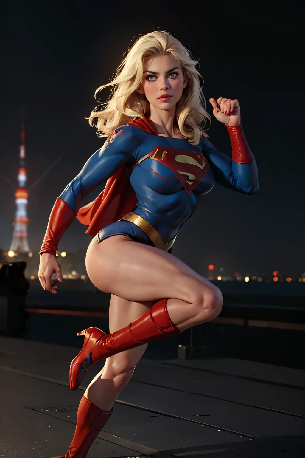 ((highest quality)), ((masterpiece)), (be familiar with), (High definition), (Realistic), (Realistic), (Best Shadow), Low contrast, (Complex:1.4), Side lighting, 8K, ((Helen Slator)), ((SUPER GIRL)), Perfect Face、Detailed、(Accurate hand and finger depiction)、supergirl women、Blonde、Voluptuous body、big breasts、Narrow waist、Big Ass、Alluring、glamorous、((doing a high kick:1.4))、Tokyo Tower、Night view