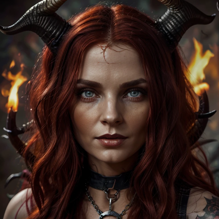 1 Demon woman with horns, fiery red long hair, ultra detailed face and eyes, hyperrealistic, realistic representation, 30 years old, dancing in hell, pretty face, her clothing is a long chain dress, wears high strap boots, in the background you can see demons, full body view 