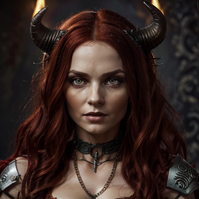 1 Demon woman with horns, fiery red long hair, ultra detailed face and eyes, hyperrealistic, realistic representation, 30 years old, dancing in hell, pretty face, her clothing is a long chain dress, wears high strap boots, in the background you can see demons, full body view 