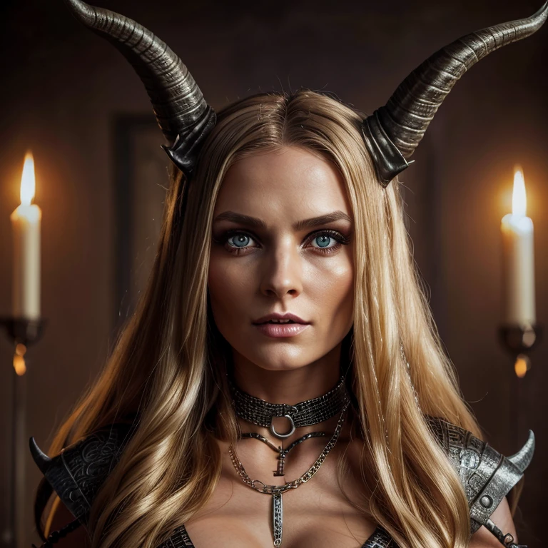 1 Demon woman with horns, blonde long hair, ultra detailed face and eyes, hyperrealistic, realistic representation, 30 years old, dancing in hell, pretty face, her clothing is a long chain dress, wears high strap boots, in the background you can see demons, full body view 