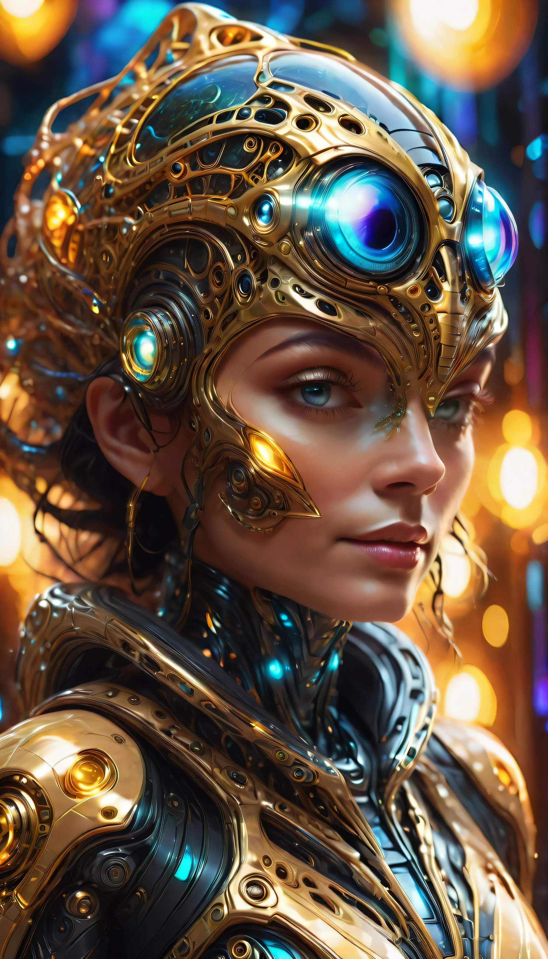 Alien reptilian in vibrant jewelry.... Her accessories include high-tech quantum neural lace and a shiny gold plasma body sheath, glowing eyes, bokeh, lens flares, fisheye lenses, perfect composition, beautiful, detailed, intricate, incredibly detailed, octane rendering, artstation trending, 8k art photography, photorealistic concept art, volumetric cinematic perfect light.