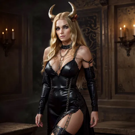 1 Demon woman with horns, blonde long hair, ultra detailed face and eyes, hyperrealistic, realistic representation, 30 years old...