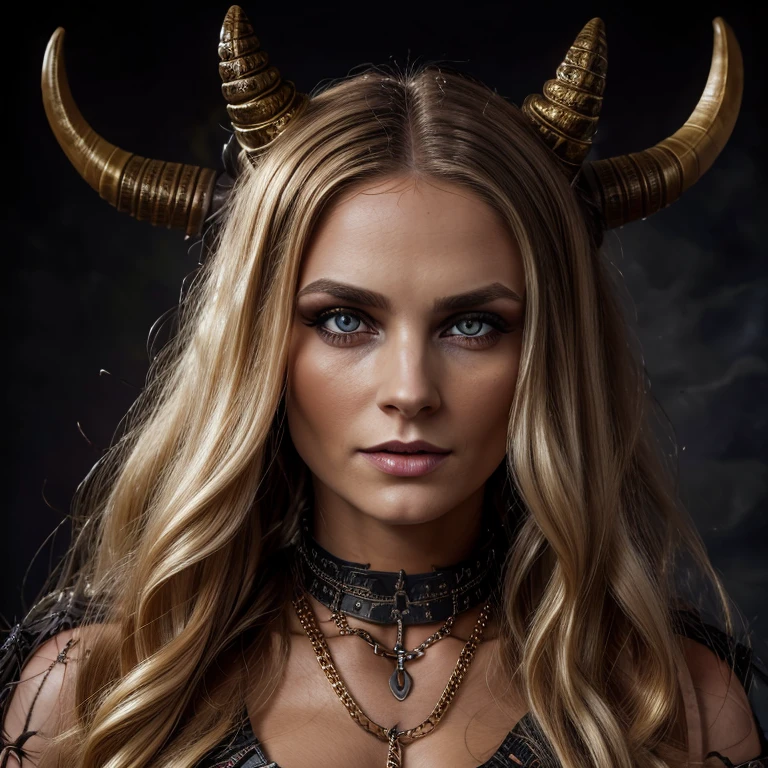 1 Demon woman with horns, blonde long hair, ultra detailed face and eyes, hyperrealistic, realistic representation, 30 years old, dancing in hell, pretty face, her clothing is a long chain dress, wears high strap boots, in the background you can see demons, full body view 