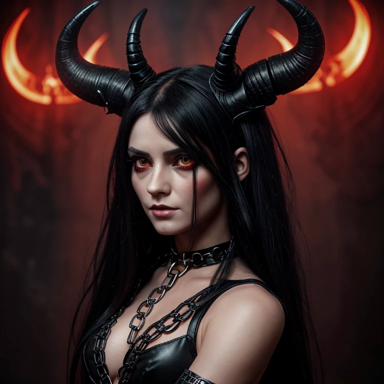 1 Demon woman with horns, black  long hair, ultra detailed face and eyes, Eye color red, hyperrealistic, realistic representation, 30 years old, dancing in hell, pretty face, her clothing is a long chain dress, wears high strap boots, in the background you can see demons, full body view 
