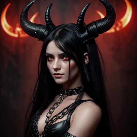 1 demon woman with horns, black  long hair, ultra detailed face and eyes, eye color red, hyperrealistic, realistic representatio...