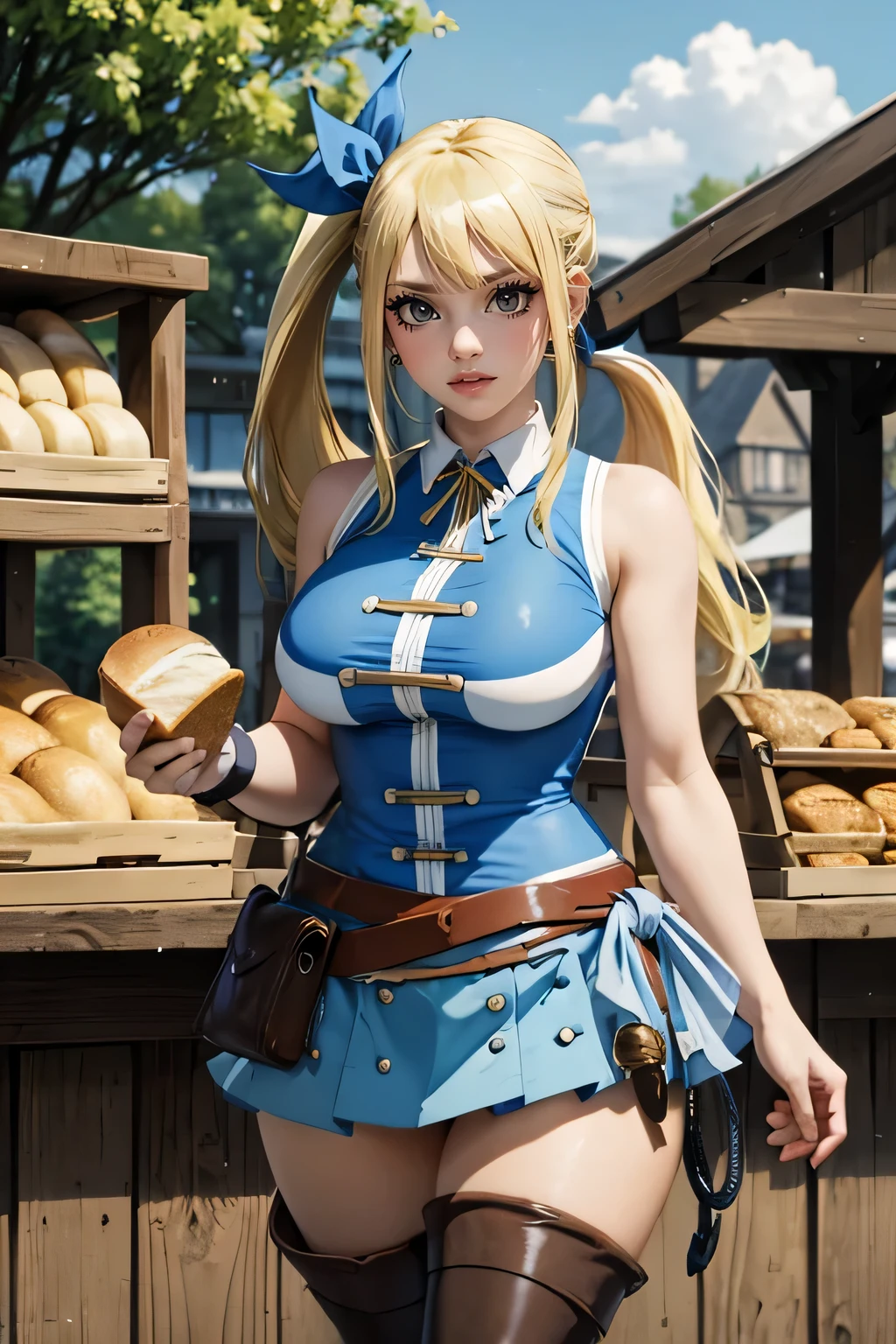 masterpiece, best quality, highres, lucy heartfilia, blonde hair, long hair, side ponytail, blue ribbon, large breasts, earrings, thigh boots, blue shirt, sleeveless shirt, white skirt, town, market stall, outdoors, walking,  cowboy shot, eating, bread,Looking at the viewer