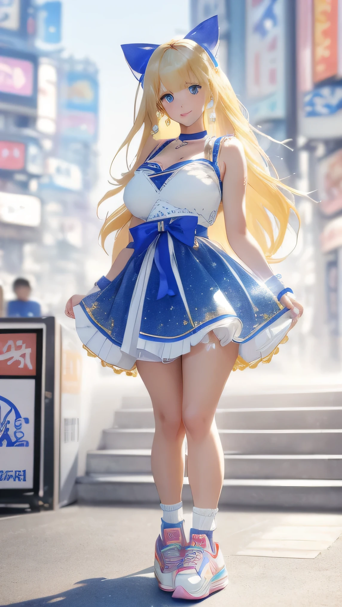 (((perfect face)))　(Middle school students)　blonde　long hair　(Bangs)　blue eyes　Thighs　big ribbon　lapis lazuli　cute　cleavage　earrings　masterpiece　looking here　alone　upward glance　Shaking his head　face　upper body　upward glance　Ladylike　Thick Coating　best quality　gigantic breasts　(((Akihabara)))　(arms behind back)　(Smile)　pure gold　(((((sneakers)))))　(mini skirt)　(White blouse)　(Maid)　((Thick Coating))　Are standing　(Standing posture)