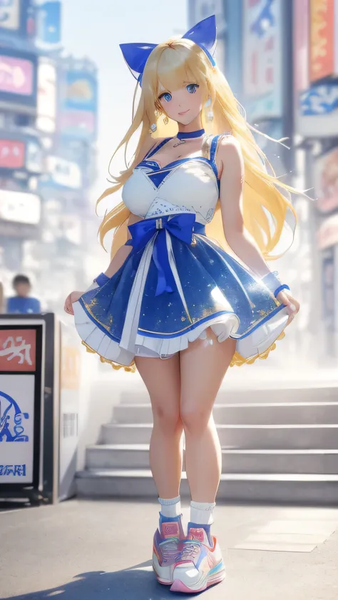 (((perfect face)))　(Middle school students)　blonde　long hair　(Bangs)　blue eyes　Thighs　big ribbon　lapis lazuli　cute　cleavage　earr...