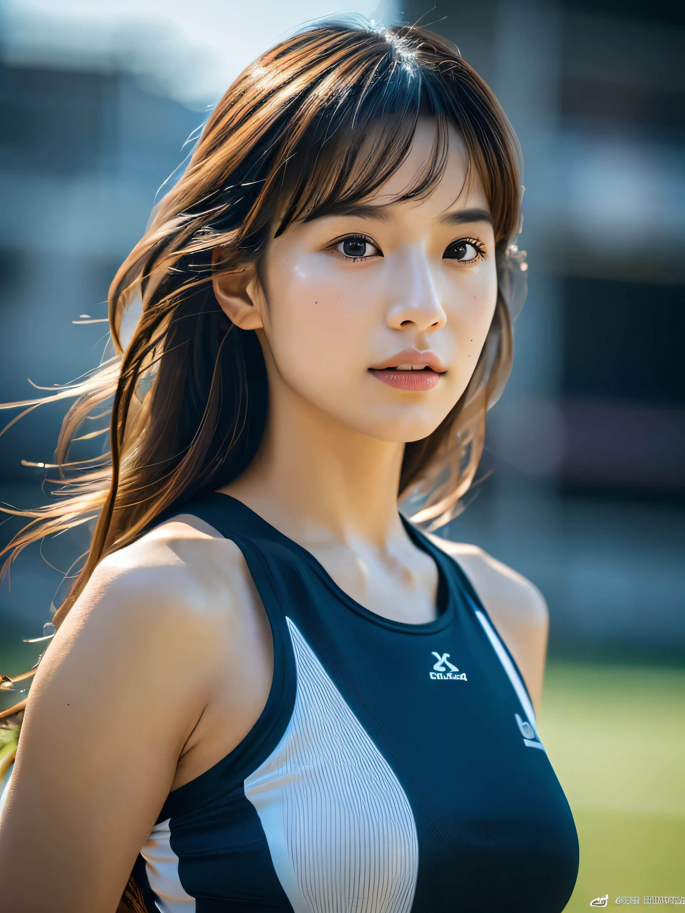 30-year-old woman, Sportswear, Cinematic Light, Super Detail, (RAW Photos, highest quality), (Realistic, Photo Realistic: 1.3), highest quality, Very detailed, masterpiece, Super detailed, figure, 1 girl, 8k wallpaper, ink, wonderful, world mastery theater, highest quality, Cinema Lighting,  Detailed face, (Figurative expression: 1. 5), Sony Mastershot, Inspired by Fei Danshu, High-resolution screenshots, Normal hand, Vibrant colors, VHS Screenshots, Beautiful beautiful face, length_hair, Grass field in the daytime