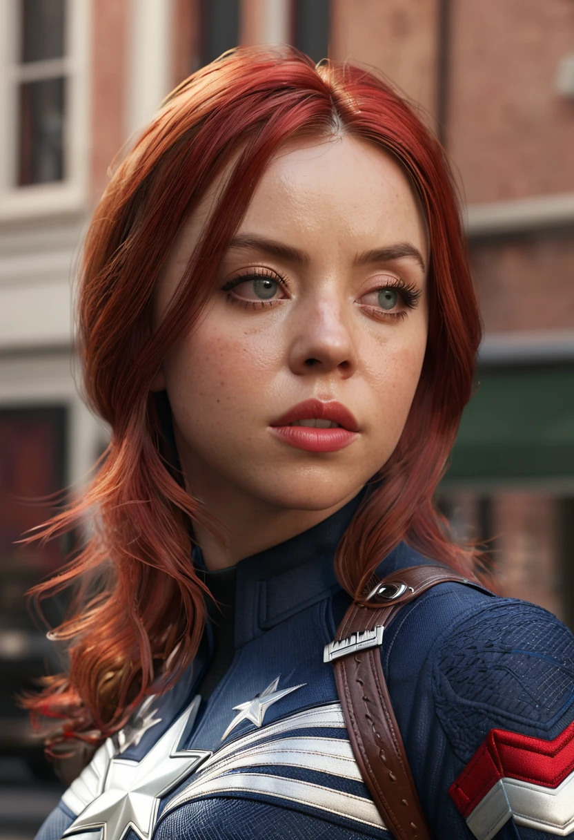 (masterpiece), (best quality), (photorealistic:1.3), 8k, detailed skin texture, detailed cloth texture, beautiful detailed face, intricate details, ultra detailed, Sydney Sweeney, Black Widow in the style of the Captain America, straight red hair, (full-length body:1.2)