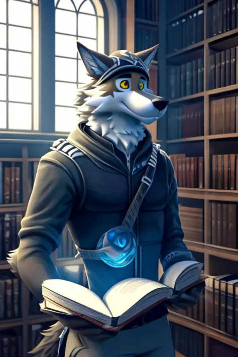 a furry wolf wendell with fur with this design and detailed and is wearing something related to  a book reader in a library with...