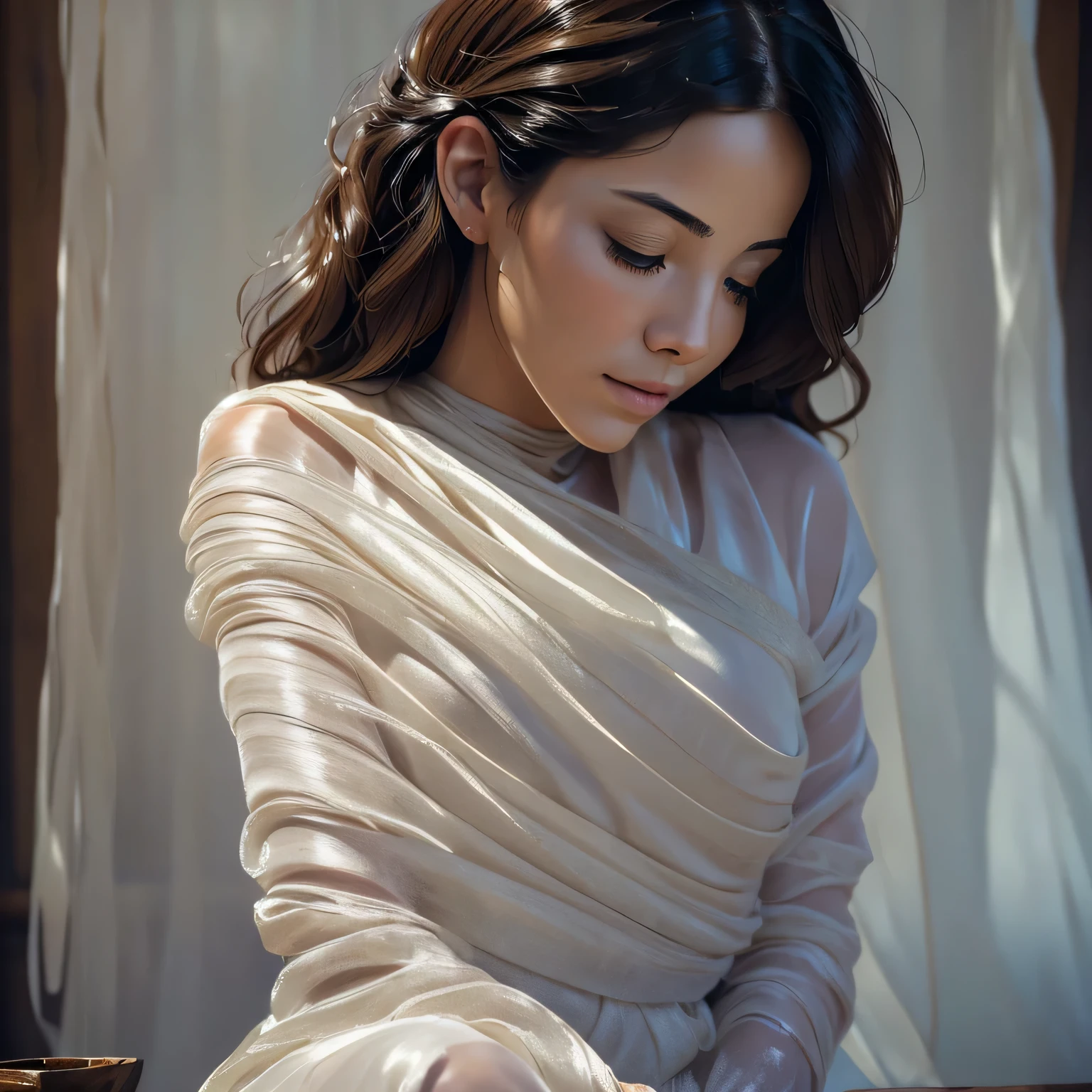 (a beautiful woman in the silk sack, mummified),oil painting,delicate brushstrokes,a serene expression,graceful posture,light streaming through the fabric,ethereal atmosphere,detailed folds and textures,subtle color palette,subdued lighting,high contrast,photorealistic,soft focus,hauntingly beautiful,finely crafted features,elegant and mysterious,surreal backdrop,impeccable attention to detail,lifelike eyes and lips,fine lines and wrinkles,meticulous composition,elegantly draped fabric,silk threads shining,underlying sense of peace and tranquility,dreamlike quality,subtle hints of decay,submerged in calmness,vivid portrayal of emotion,Ancient Egyptian inspiration,masterpiece:1.2,emotional depth,ethereal beauty