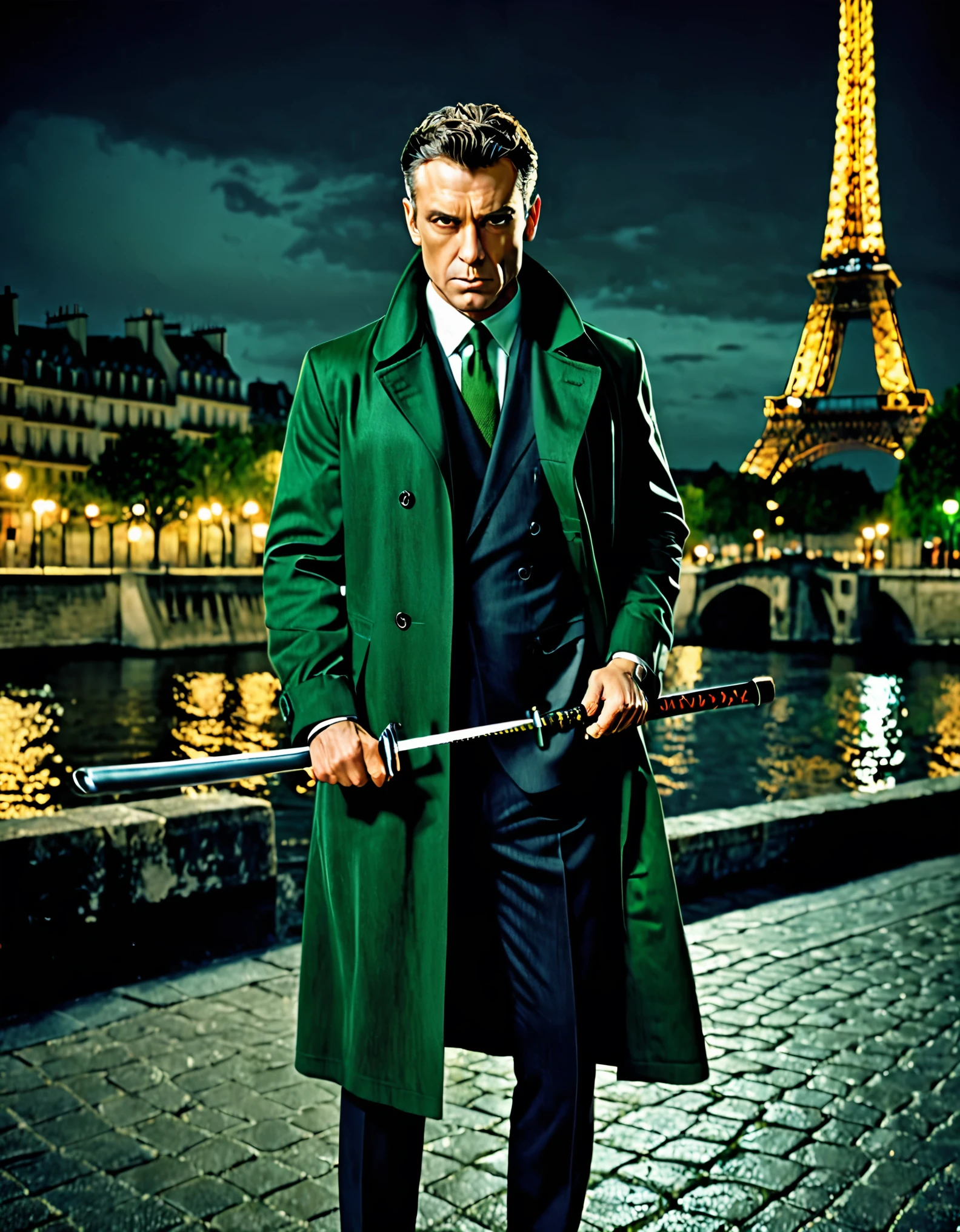 masterpiece, best quality, hyper detailed, ultra detailed, 1man, solo, solo focus, arafed french man in a coat, (using katana), tall body, middle-aged man, professional, relaxed but determined, serious but cool, he's a hitman in peacoat, he is wearing a green trenchcoat, darkgreen suit and tie, slacks, black dress shoes, full body and head shot, full body shoot, full-body-shot, fullbody shot, dock, paris, night backdrop, film noire atmosphere, reddish grey hair, green eyes, hair over one eye, secret agent, spy, midnight, noir lighting.