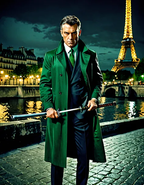masterpiece, best quality, hyper detailed, ultra detailed, 1man, solo, solo focus, arafed french man in a coat, (using katana), ...