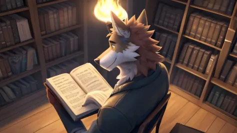 best quality,4k,ultra-detailed,realistic,portrait,wolf,wendell,furry,book reader,library,dim soft detailed lighting,cozy atmosph...