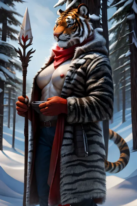 Portrait of a sexy character, adult, (female:1.4), (Anthro:1.2), The Dragon, female, Winter Tiger Fur Clothing, tiger fur, Fur c...
