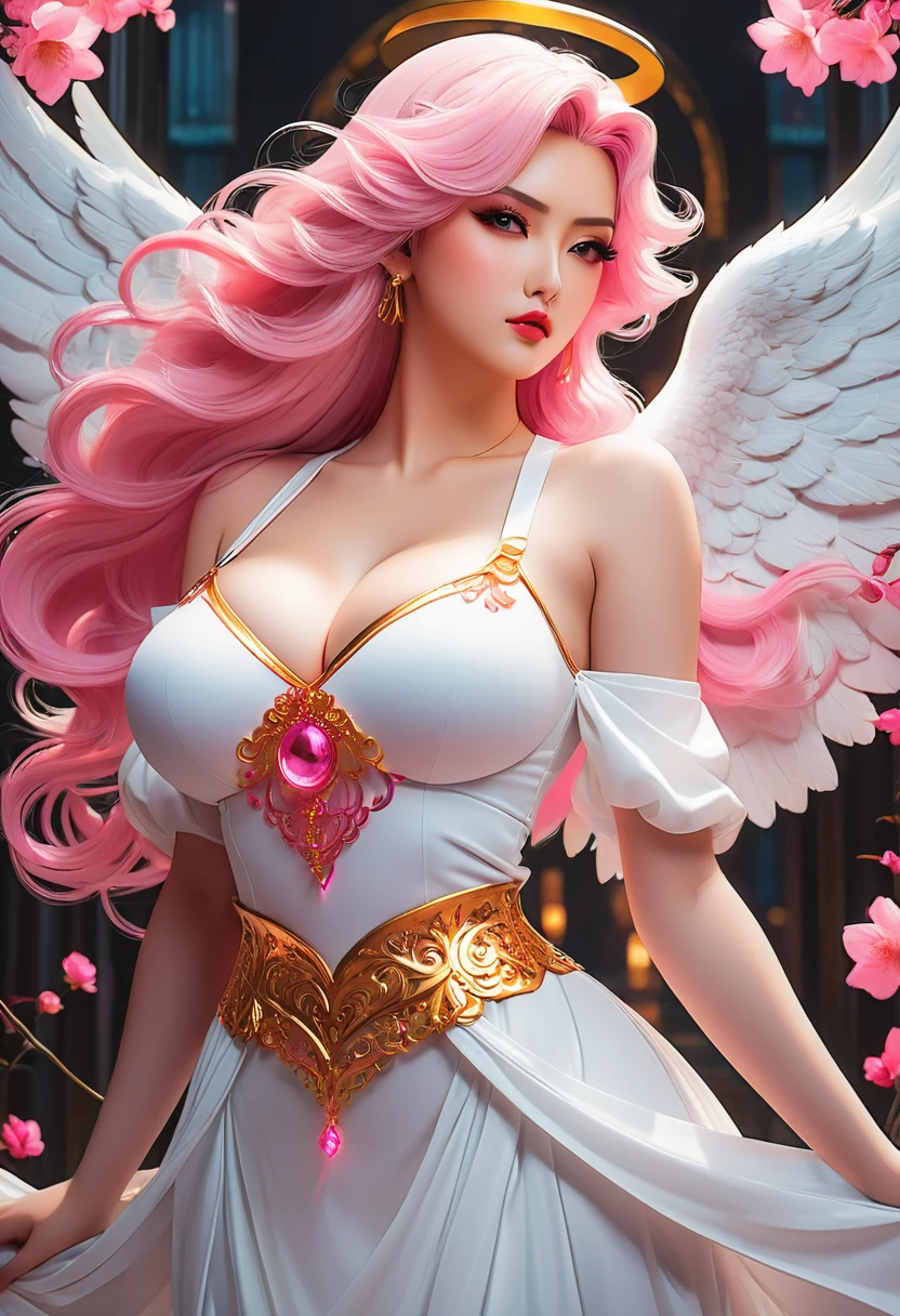 In a mesmerizingly portrayal, thick women busty, a glam-goth goddess angel her Age 28, clean skin,her figure is curvy and well proportional, midriff, pink, trending on cgsociety, epic, trending on artstation, highly detailed, vibrant, production cinematic character render, ultra-high-quality model, golden ratio manhwa, manhua, background mysterious, does not produce same dress ,image when remixed.